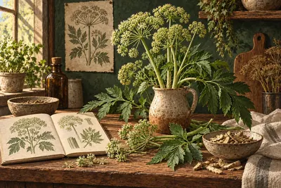 Botanical field-guide illustration for Angelica