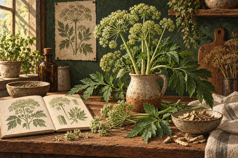 Botanical field-guide illustration for Angelica