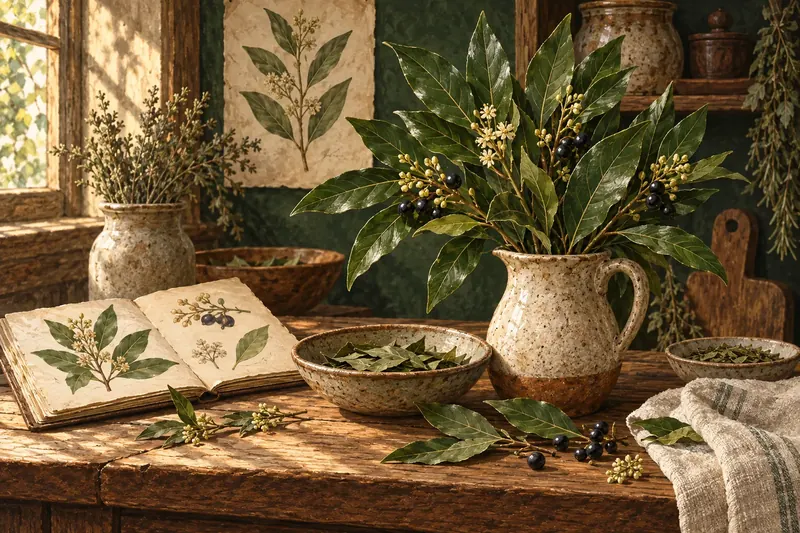 Botanical field-guide illustration for Bay Laurel