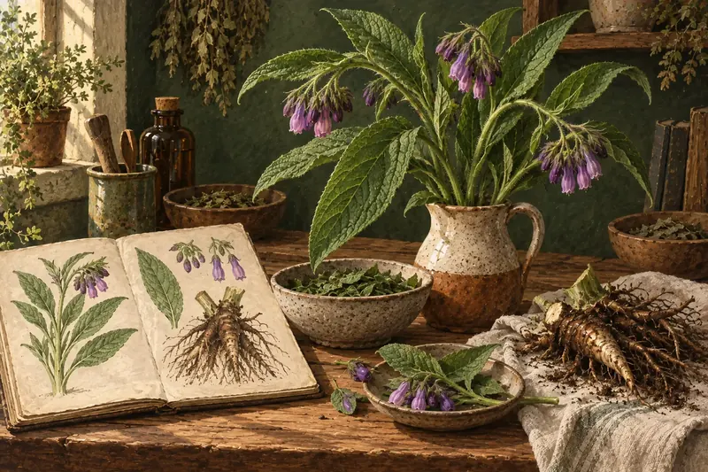 Botanical field-guide illustration for Comfrey / Knitbone