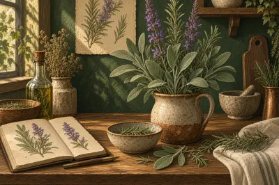 Botanical field-guide illustration for Common Sage / Garden Sage