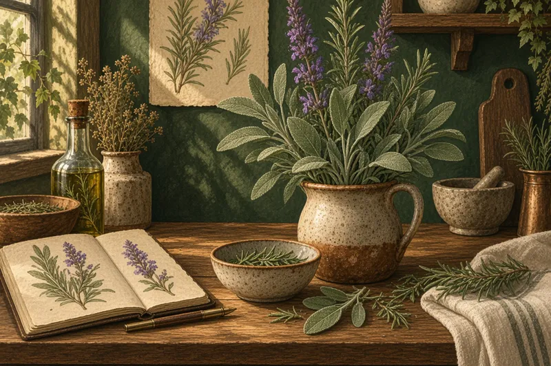 Botanical field-guide illustration for Common Sage / Garden Sage