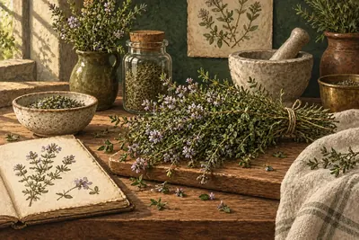 Botanical field-guide illustration for Common Thyme