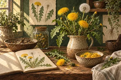 Botanical field-guide illustration for Dandelion