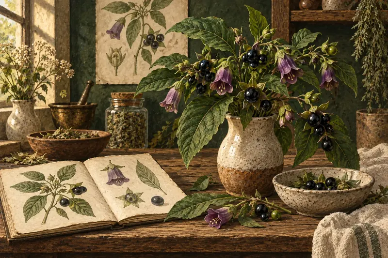 Botanical field-guide illustration for Deadly Nightshade / Belladonna