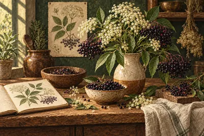 Botanical field-guide illustration for Elderberry / European Elder