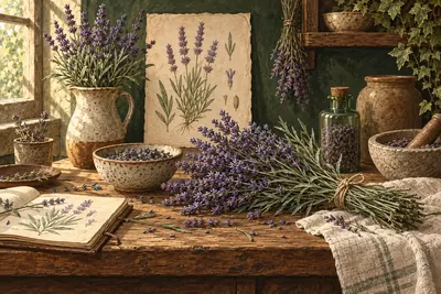 Botanical field-guide illustration for English Lavender
