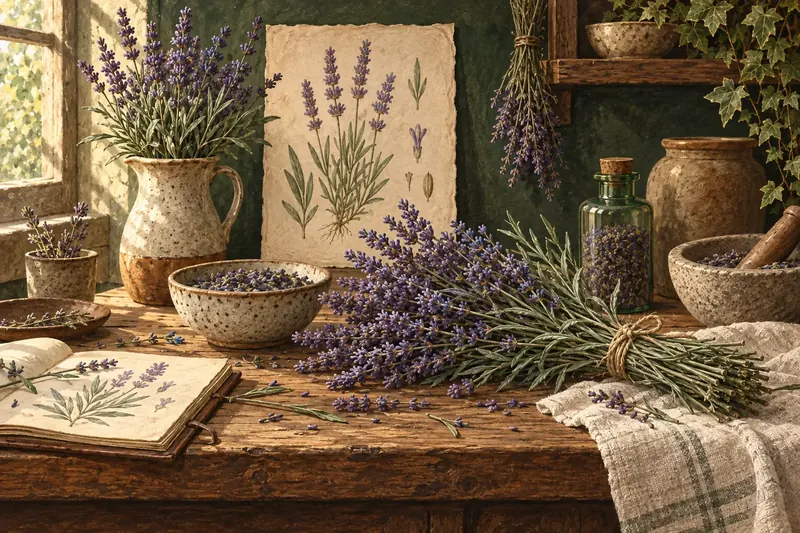 Botanical field-guide illustration for English Lavender