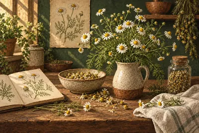 Botanical field-guide illustration for German / Roman Chamomile