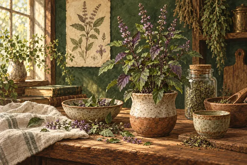 Botanical field-guide illustration for Holy Basil / Tulsi
