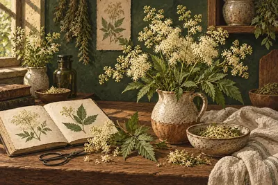 Botanical field-guide illustration for Meadowsweet