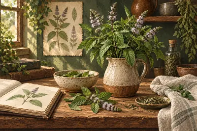 Botanical field-guide illustration for Peppermint