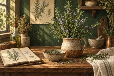 Botanical field-guide illustration for Rosemary