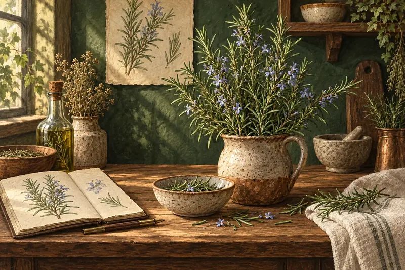 Botanical field-guide illustration for Rosemary