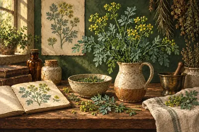 Botanical field-guide illustration for Rue / Herb of Grace