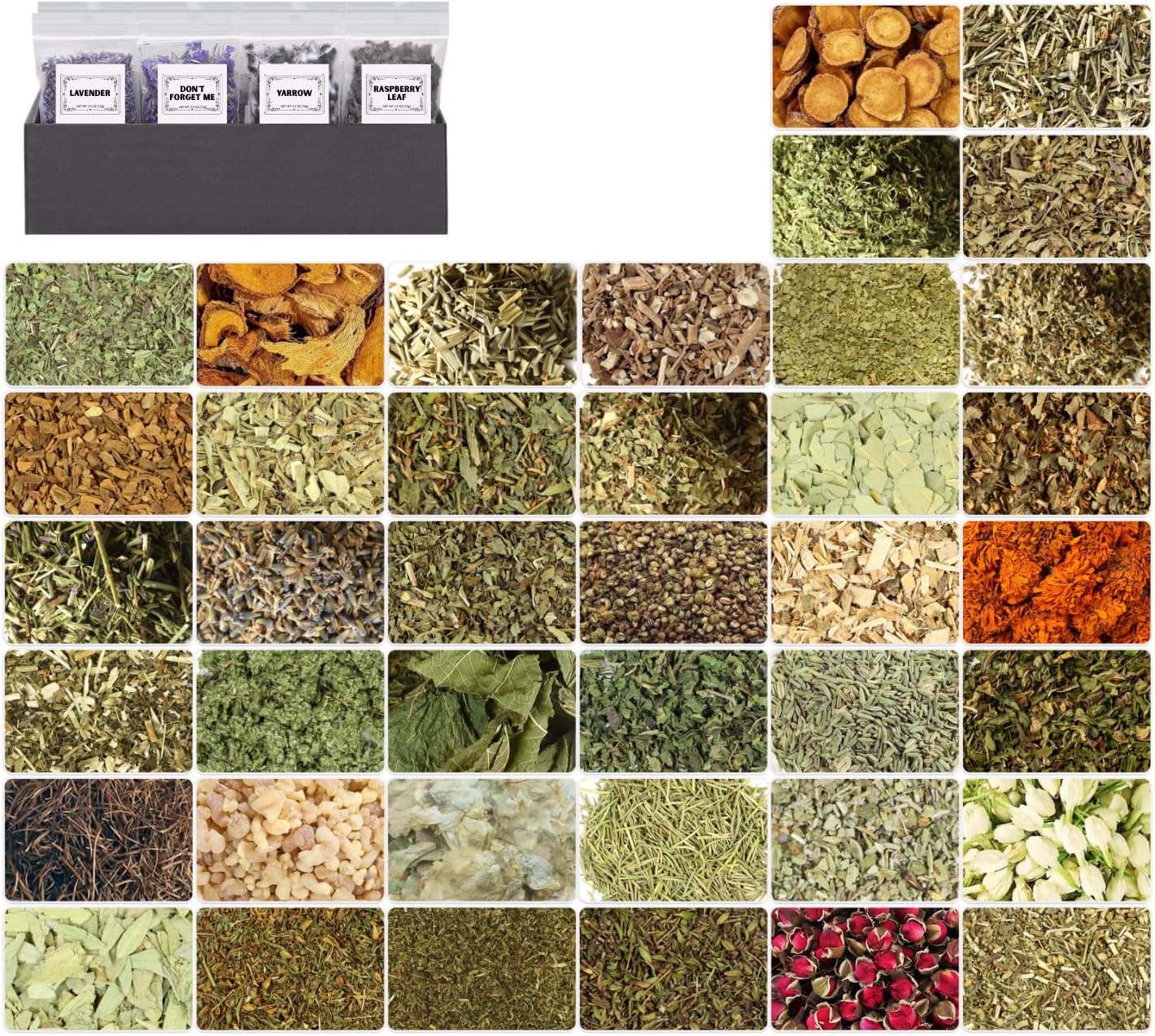 Forty small bags of dried herbs and flowers
