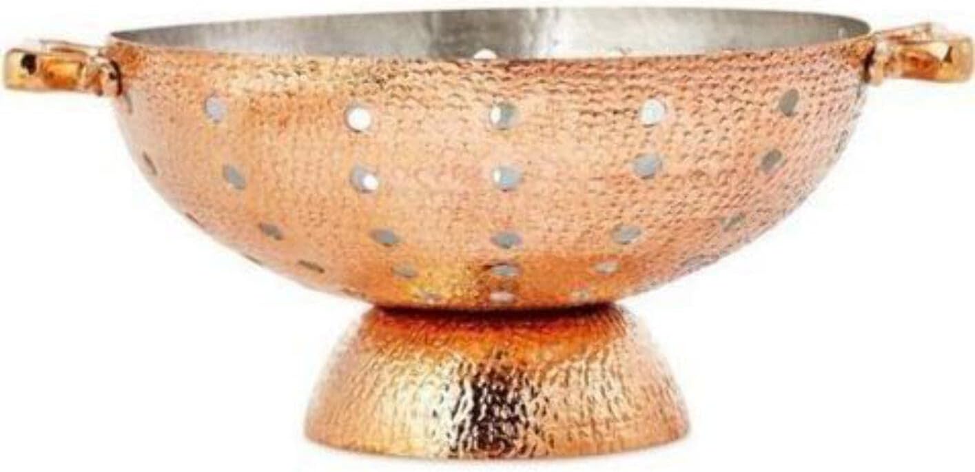 Copper-colored colander with a bright plated exterior and handles
