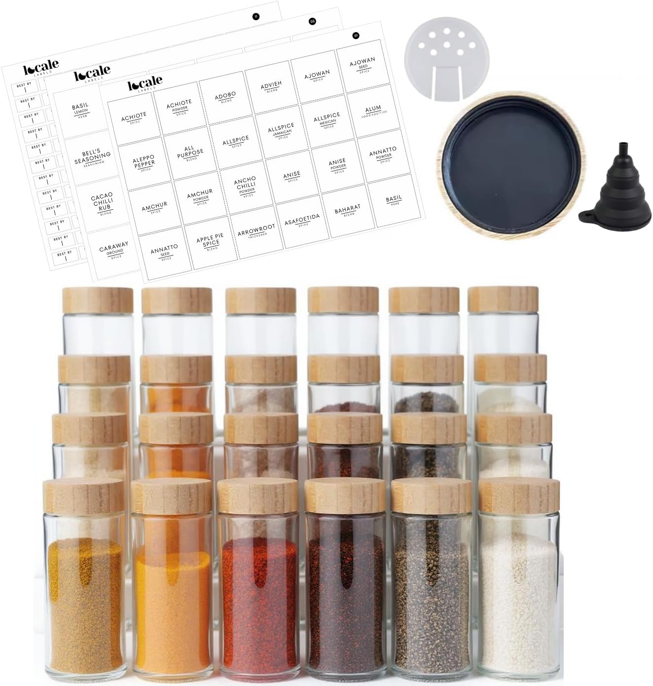 Glass spice jars with bamboo lids, shaker lids, and labels