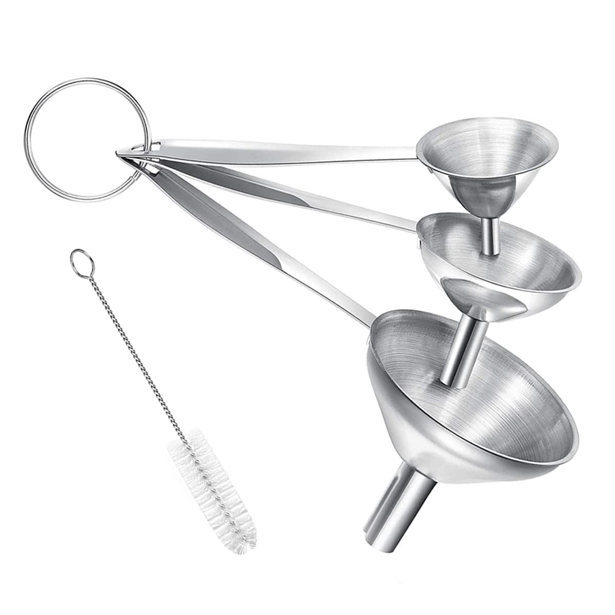 Three stainless-steel mini funnels and a cleaning brush