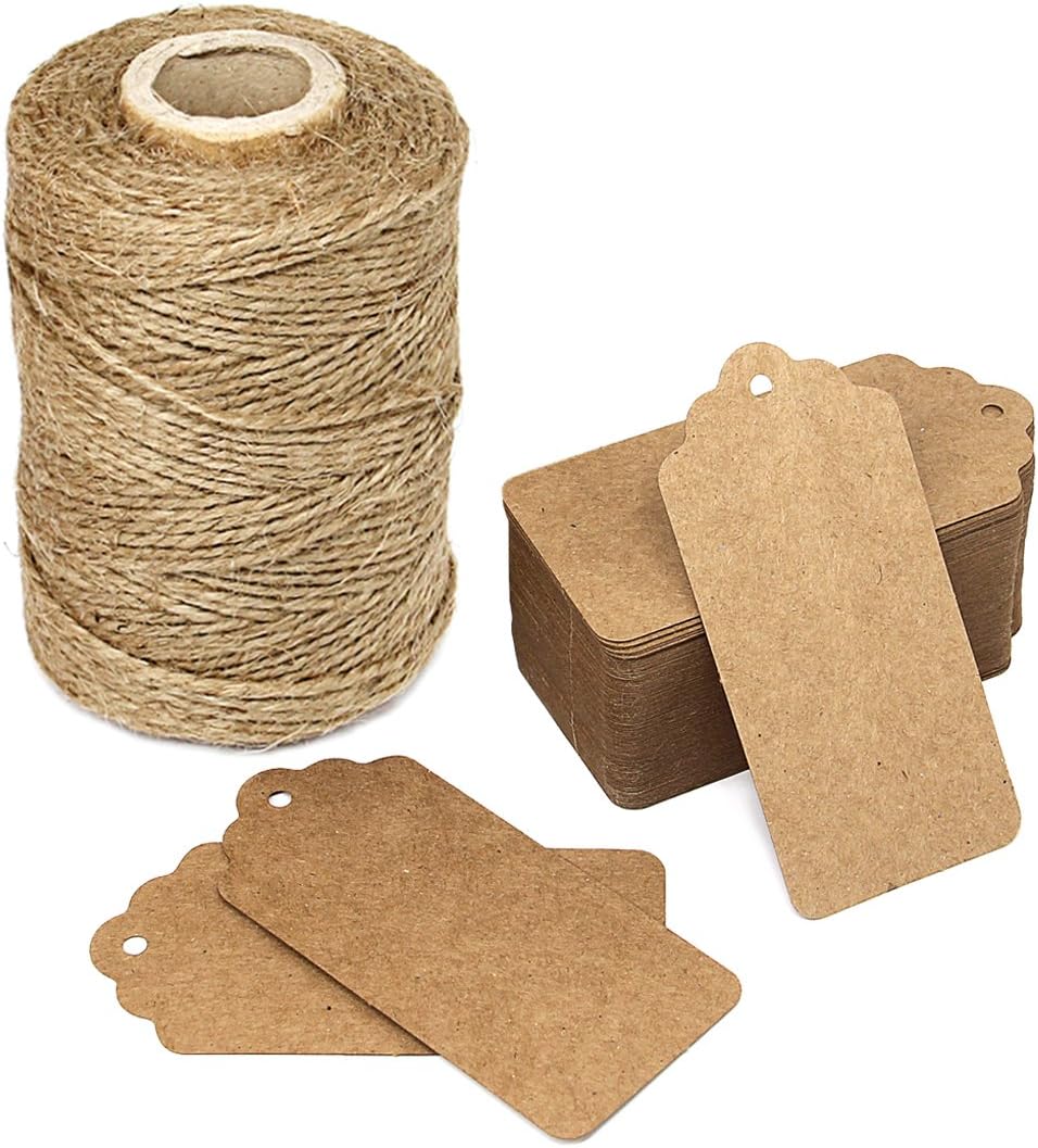 Brown rectangular Kraft paper tags with natural jute twine