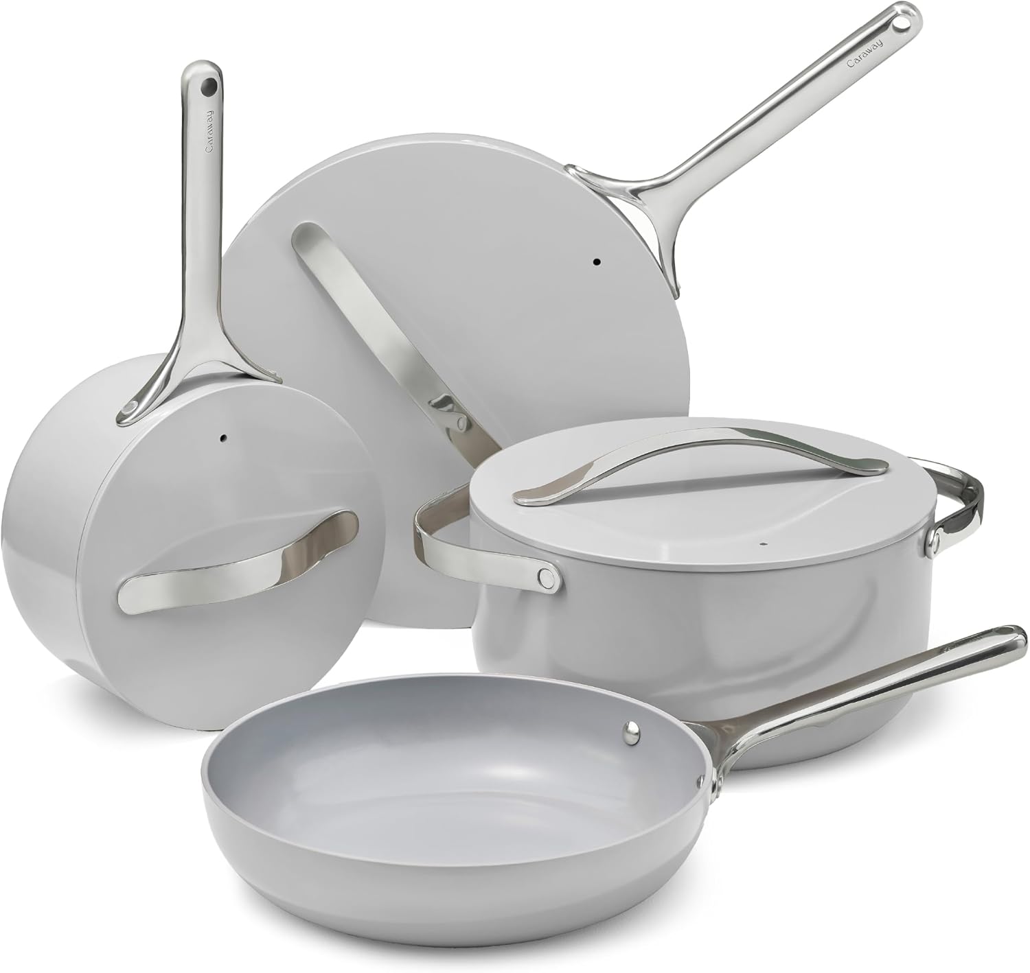Gray Caraway cookware set with pots, pans and lids
