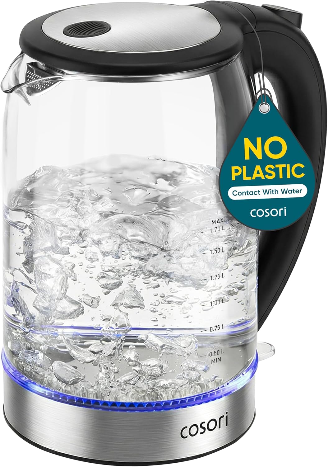 Black COSORI electric kettle with a glass body
