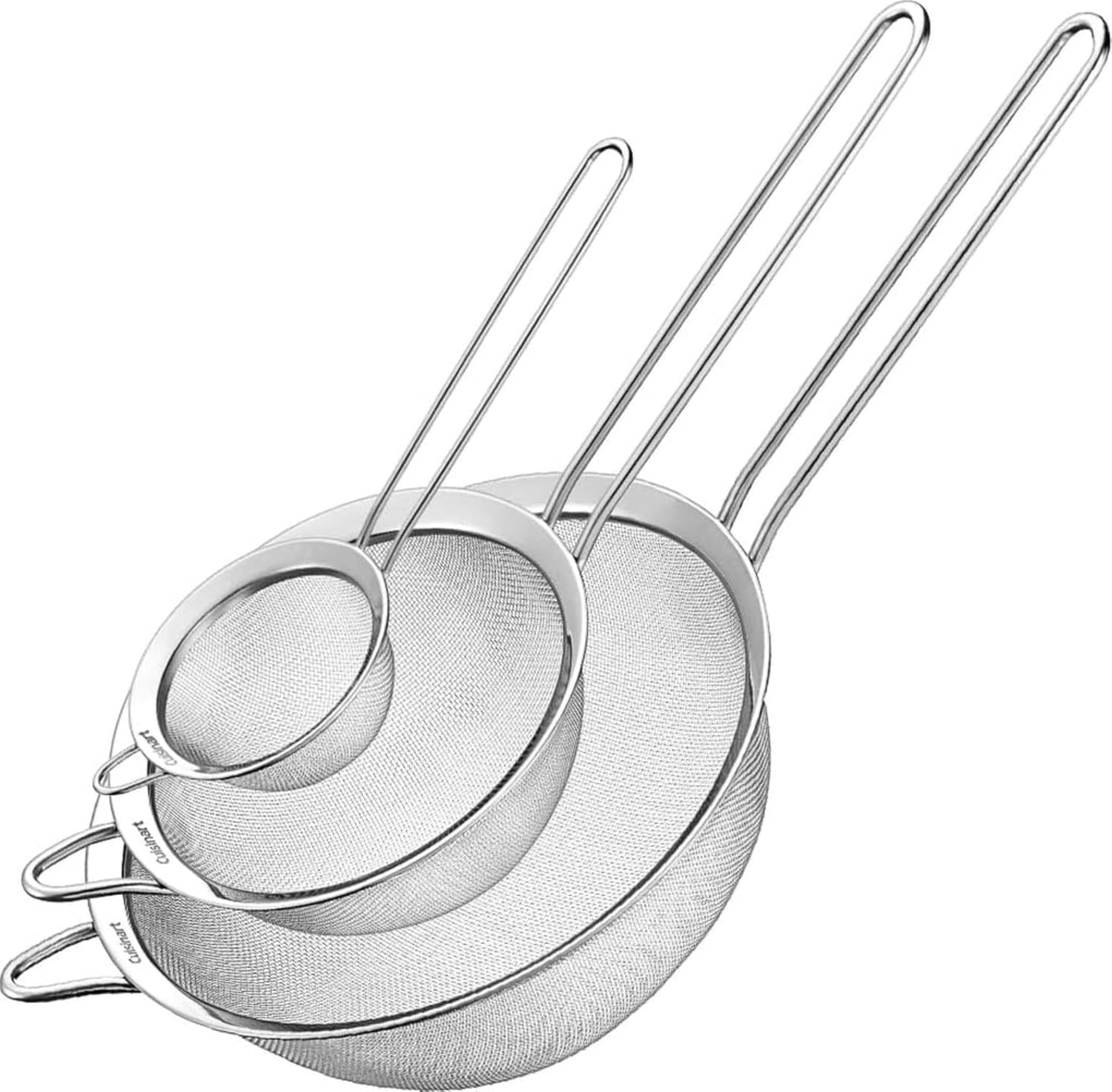 Three stainless-steel Cuisinart mesh strainers in graduated sizes