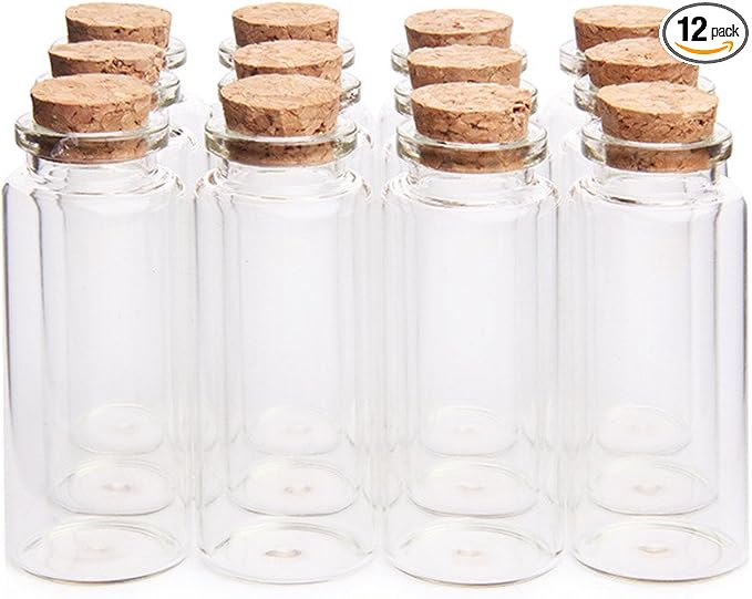 Twelve clear mini glass vials with natural cork stoppers