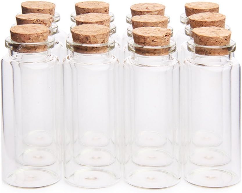 Small clear glass vials with cork stoppers