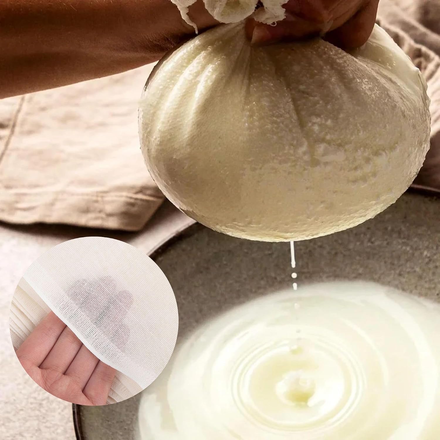 Grade 90 unbleached cotton cheesecloth shown with a bundled cloth filter