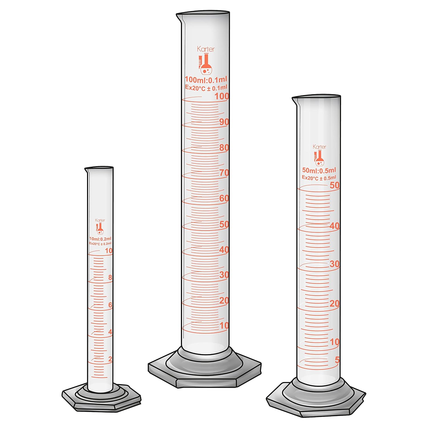 Three graduated glass cylinders in different sizes