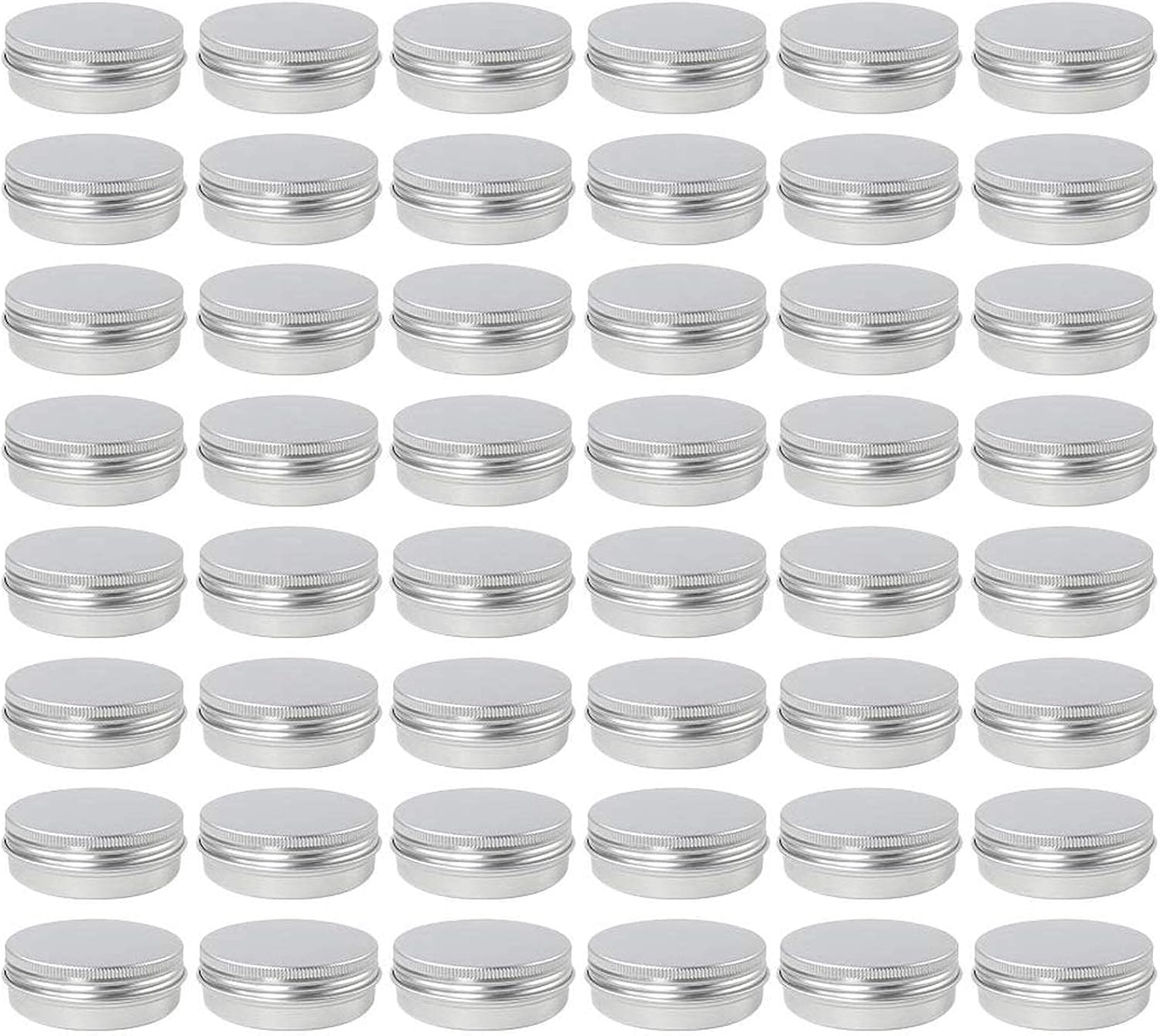 Rows of small silver aluminum tins with screw lids