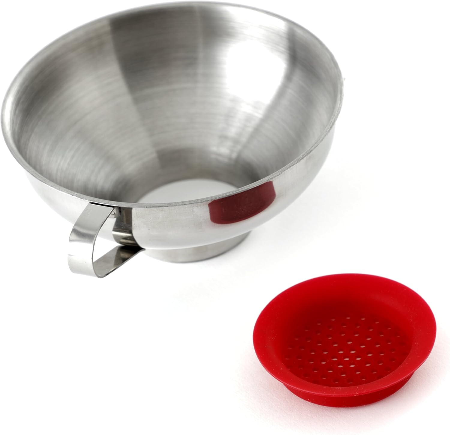 Norpro stainless steel wide-mouth funnel with red strainer