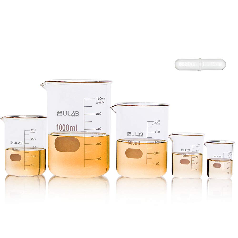 Five borosilicate glass beakers in different sizes