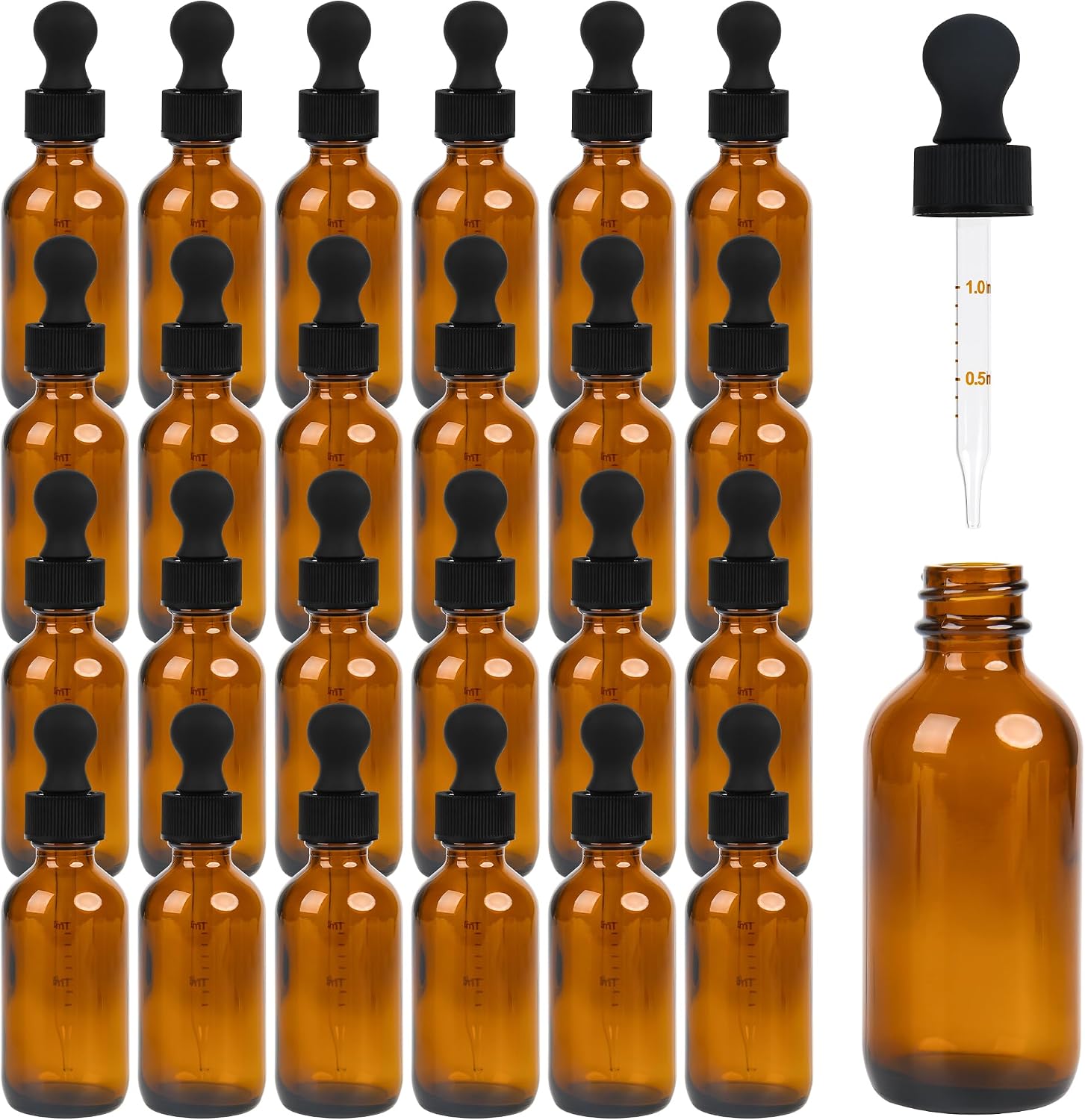 Amber glass dropper bottles with black droppers