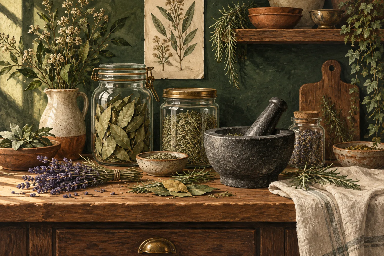 Botanical illustration of herb jars, a stone mortar, and lavender on a warm wooden worktop